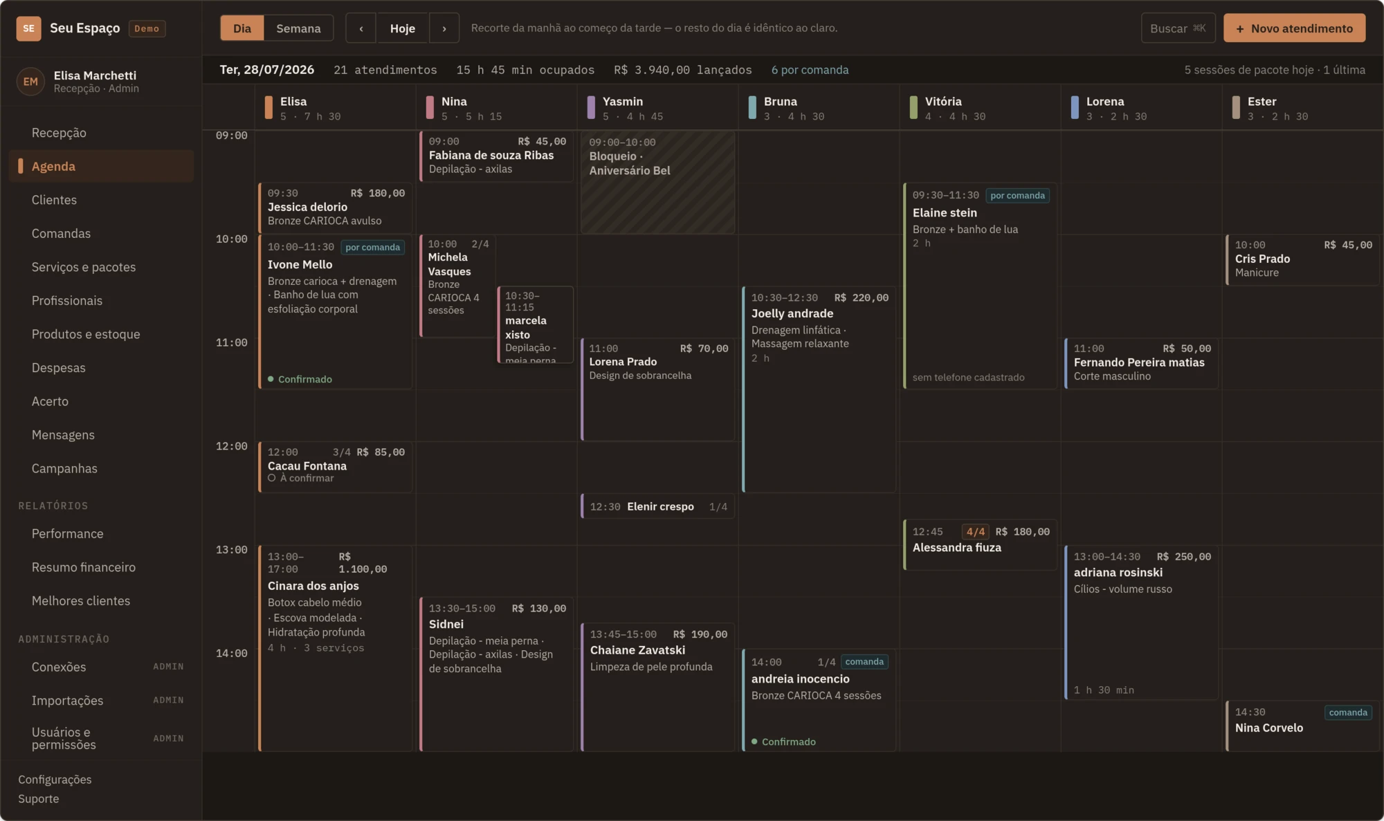 Design da agenda em tela ampla, para consulta em um tablet.