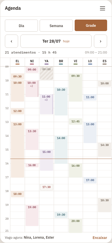 Design da grade compacta da agenda no celular.