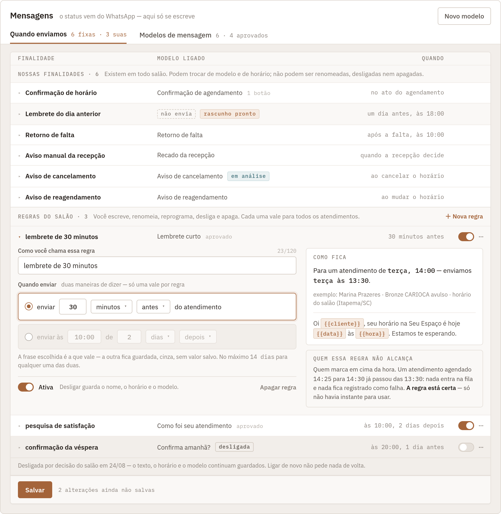 Design da tela de mensagens com modelos e regras para confirmação, lembretes e reagendamento.