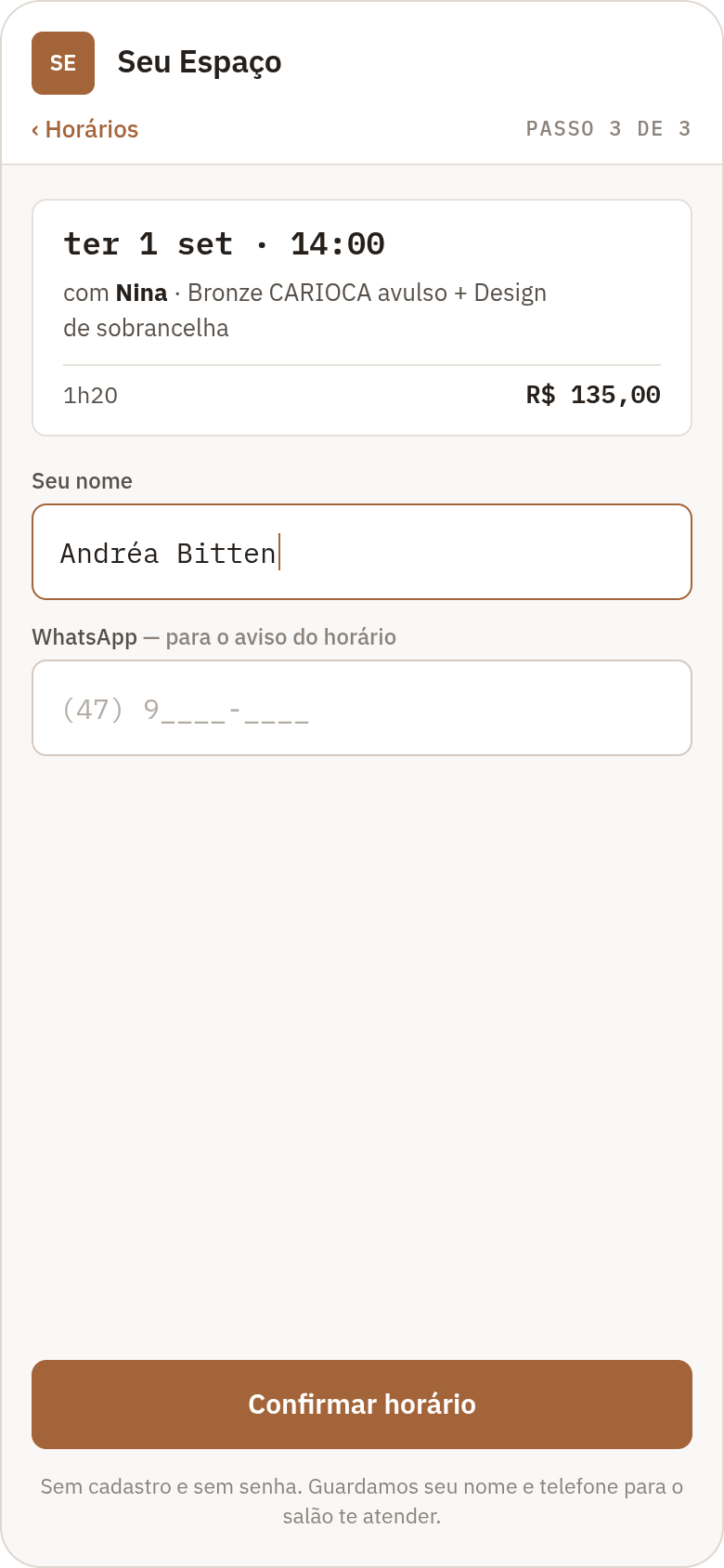 Design do agendamento online: nome e WhatsApp para confirmar o horário.