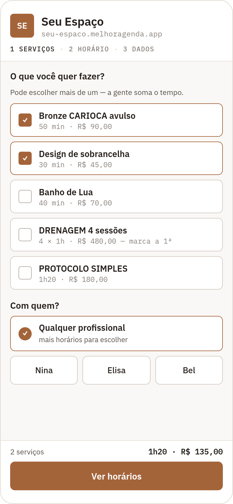 Design do agendamento online: seleção de serviços e profissional.