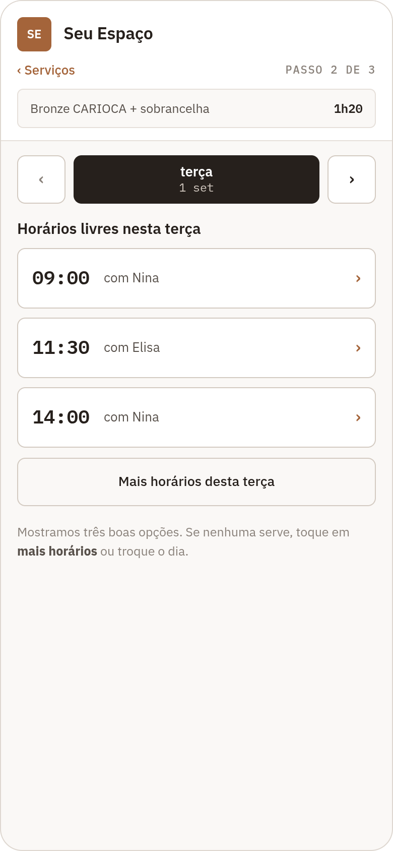 Design do agendamento online: escolha entre os horários livres.